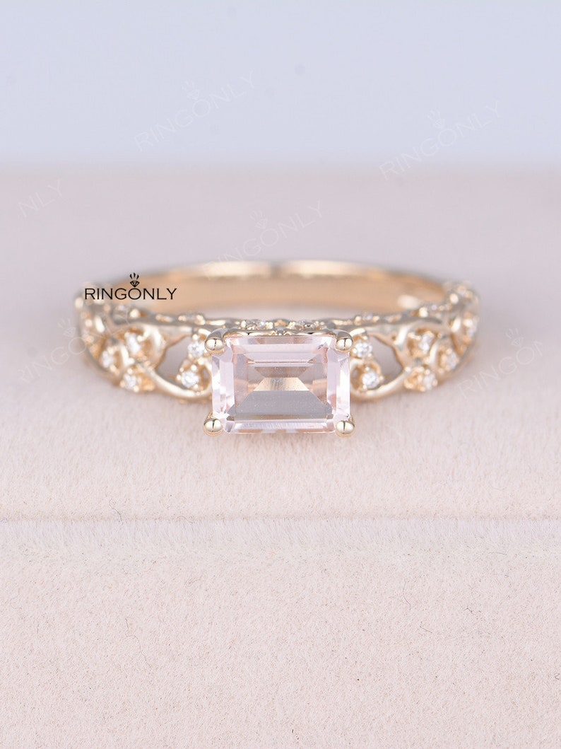 Morganite Engagement Ring Vintage Emerald Cut Art Deco Engagement ring Antique Cluster Diamond wedding women Delicate Promise anniversary image 3