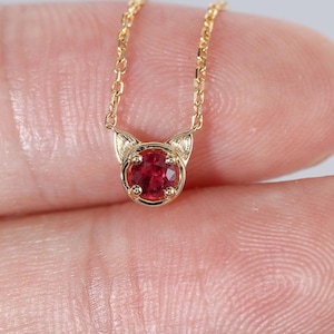 Delicate Cat Head Rose Gold Ruby Necklace, Dainty Minimalist Animal Pendant, Gift For Her