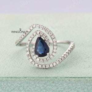Sapphire engagement ring pear shaped, white gold diamond wedding ring, art deco ring, curved ring, unique gift, Anniversary ring