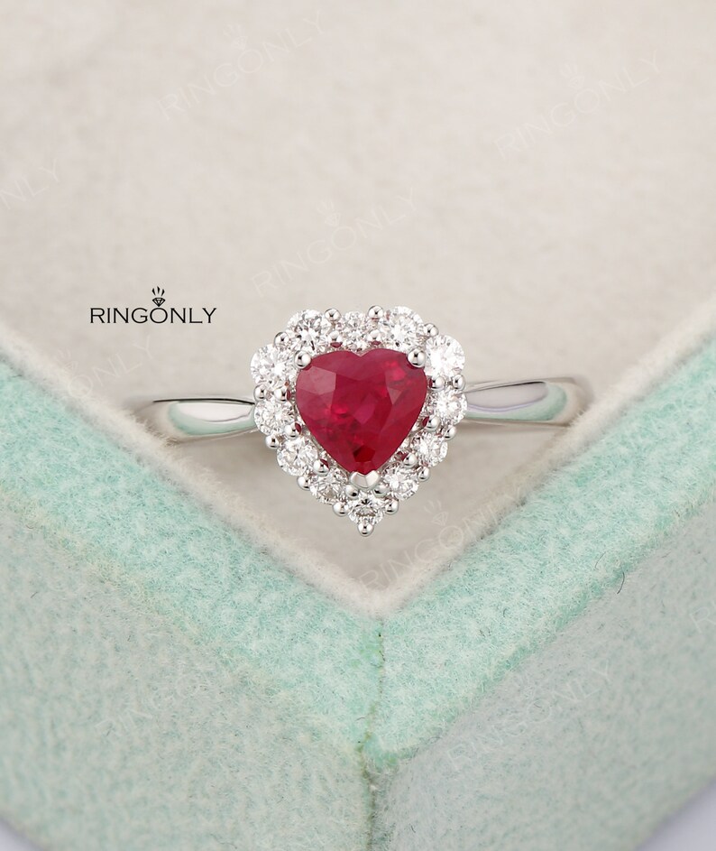 Heart Shaped Ruby Engagement Ring in White Goldhalo Diamond | Etsy