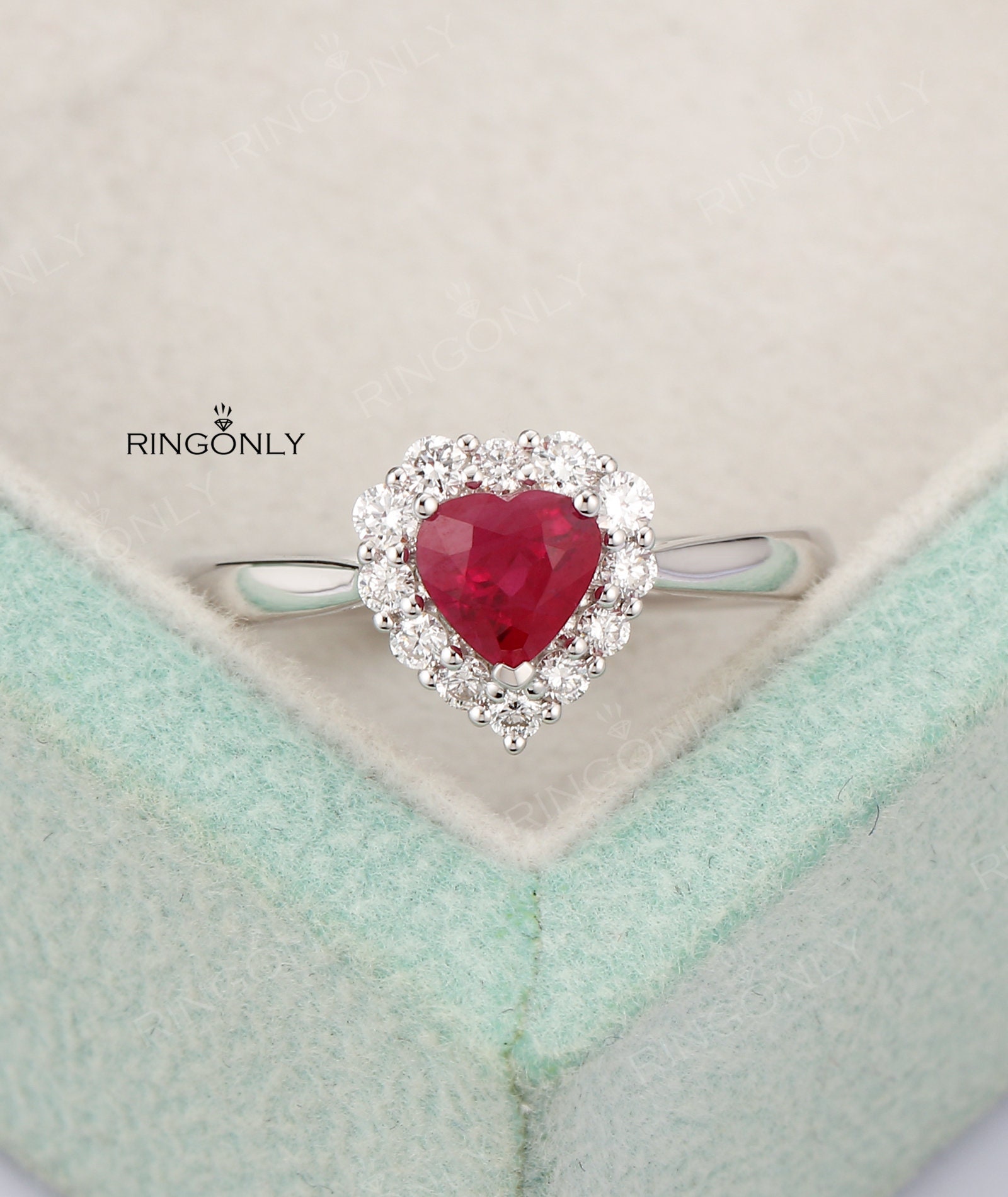 Heart shaped Ruby engagement ring in white goldhalo diamond | Etsy