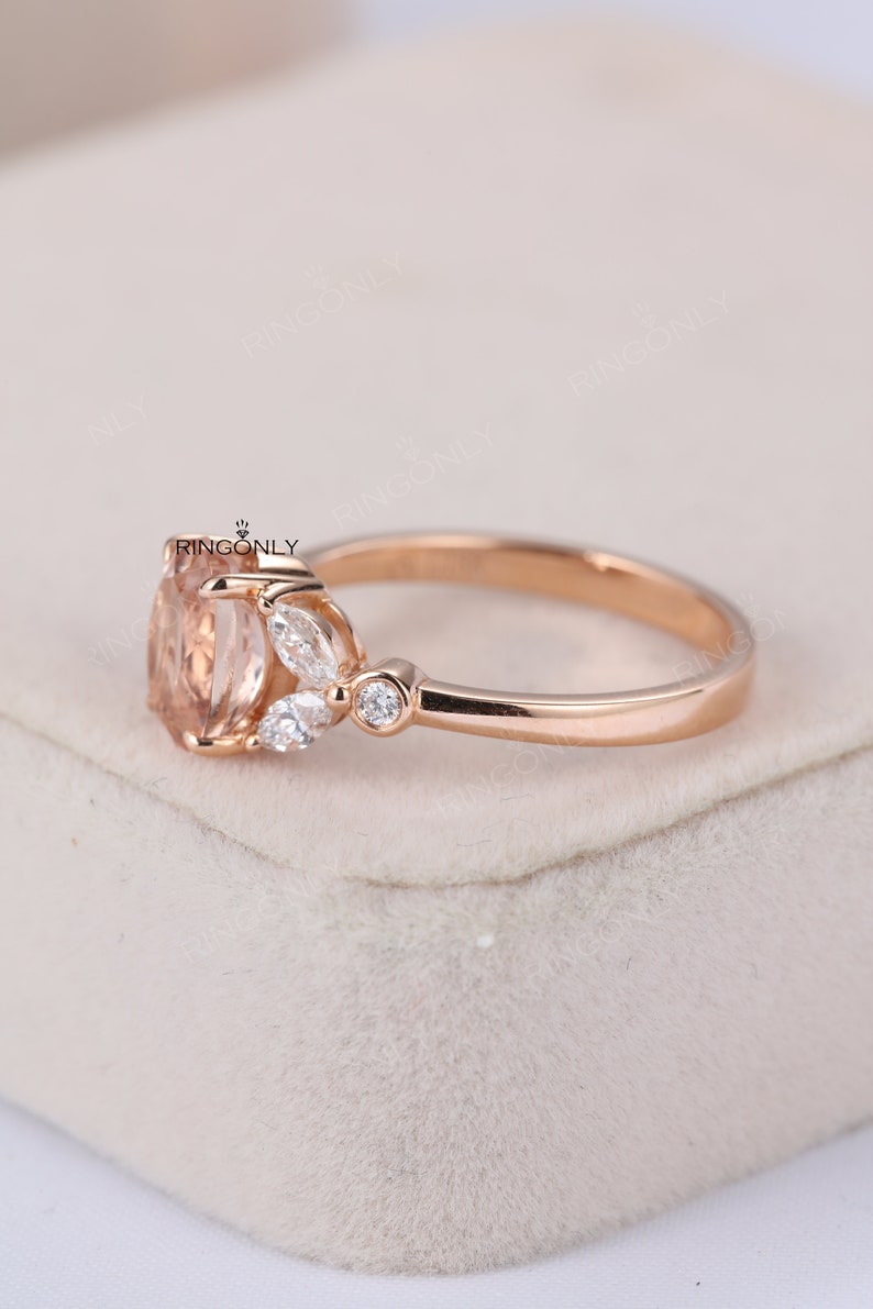 Vintage morganite engagement ring Oval cut prong set ring Unique rose gold ring Marquise & round cut moissanite diamond ring Bridal ring image 5