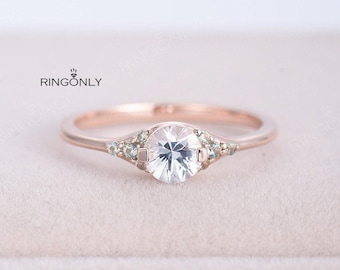 Natural white sapphire engagement ring Unique rose gold ring Cluster green sapphire engagement Prong set ring Birthstone anniversary ring