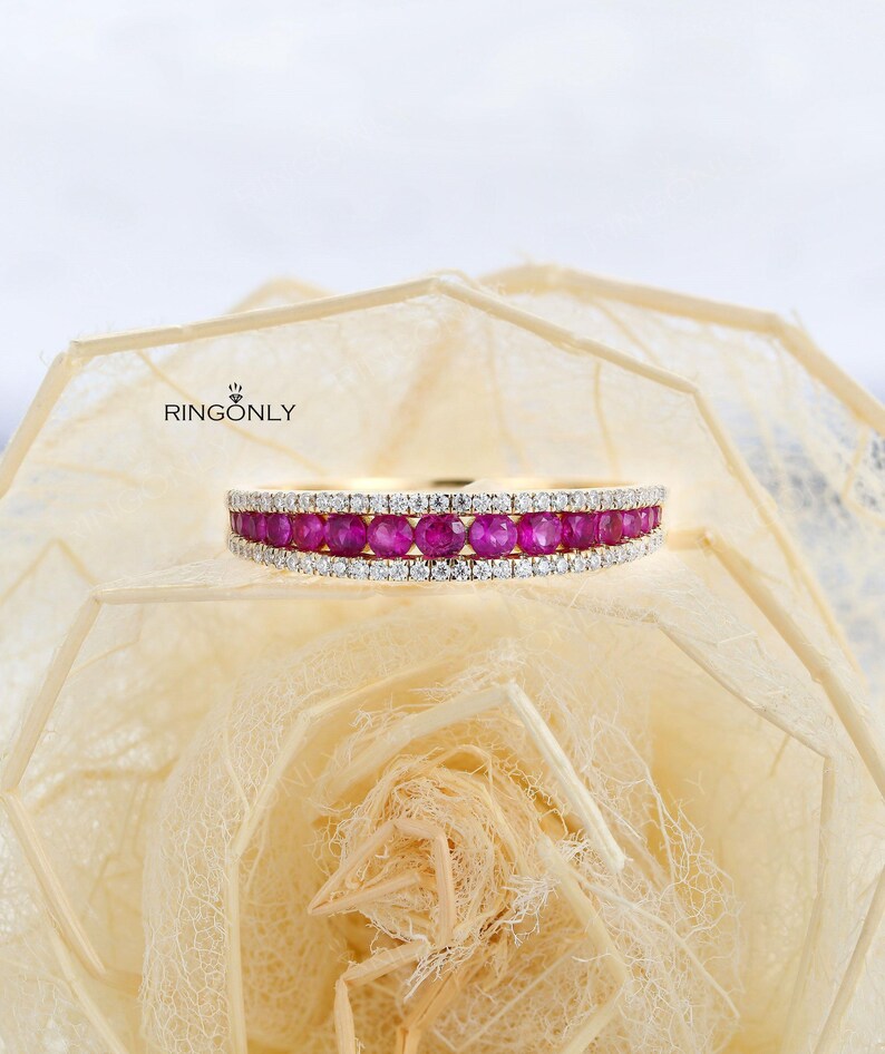 Vintage Peach Pink Sapphire wedding band, Dainty Half Eternity Moissanite ring,Unique Matching Wedding Ring,Promise Anniversary Gift for her image 2
