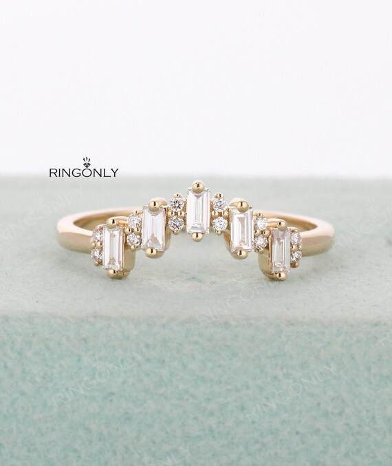 Curved wedding band Baguette diamond CZ ring Rose gold prong set ring Chevron ring Matching band Five stones ring Bridal anniversary ring