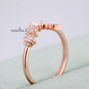 Art Deco Baguette Moissanite Wedding ring, Five Stones Chevron Matching band, Bridal Anniversary Gift image 14