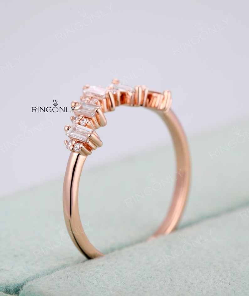 Art Deco Baguette Moissanite Wedding ring, Five Stones Chevron Matching band, Bridal Anniversary Gift image 14