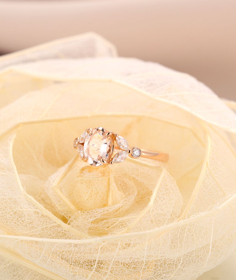 Vintage morganite engagement ring Oval cut prong set ring Unique rose gold ring Marquise & round cut moissanite diamond ring Bridal ring image 4