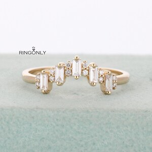 Art Deco Baguette Moissanite Wedding ring, Five Stones Chevron Matching band, Bridal Anniversary Gift image 16