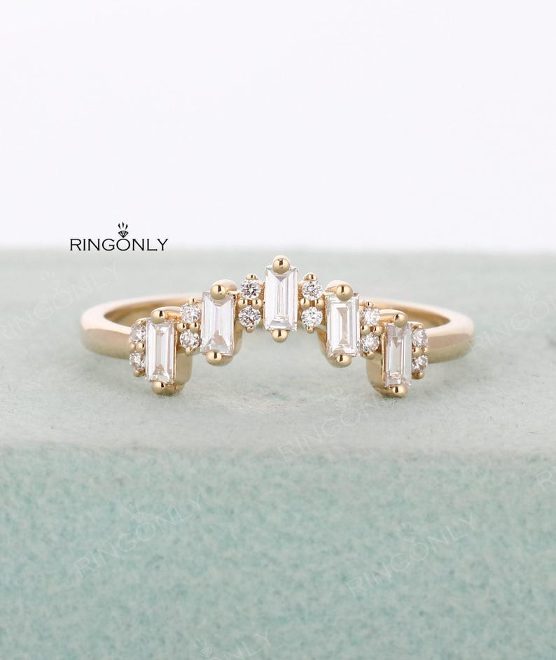 Art Deco Baguette Moissanite Wedding ring, Five Stones Chevron Matching band, Bridal Anniversary Gift image 16