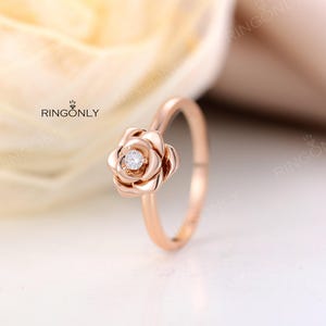 Flower Engagement Ring Rose gold Thin Dainty Unique Alternative Rose engagement ring Floral Rosette Diamond wedding Delicate Birthday gift