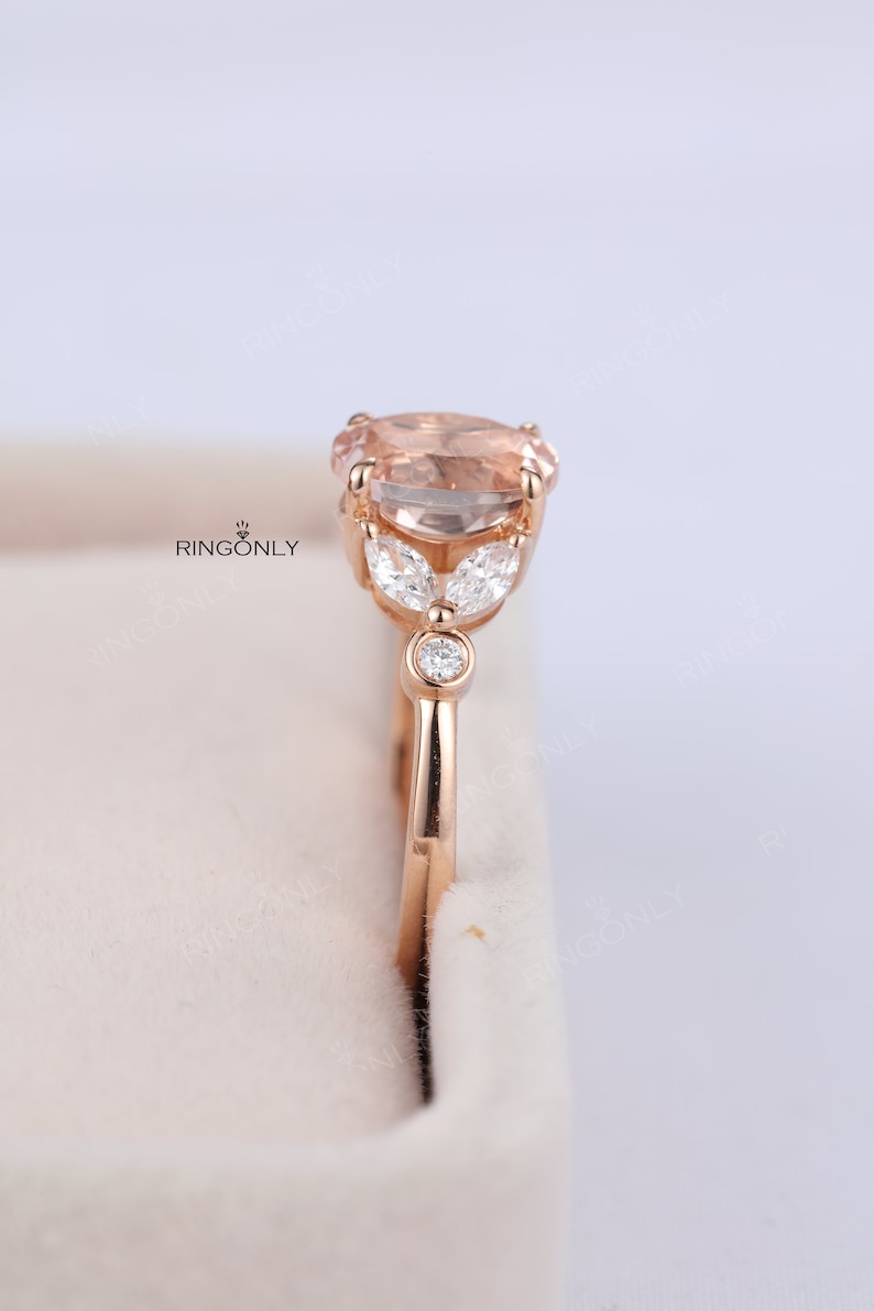 Vintage morganite engagement ring Oval cut prong set ring Unique rose gold ring Marquise & round cut moissanite diamond ring Bridal ring image 8