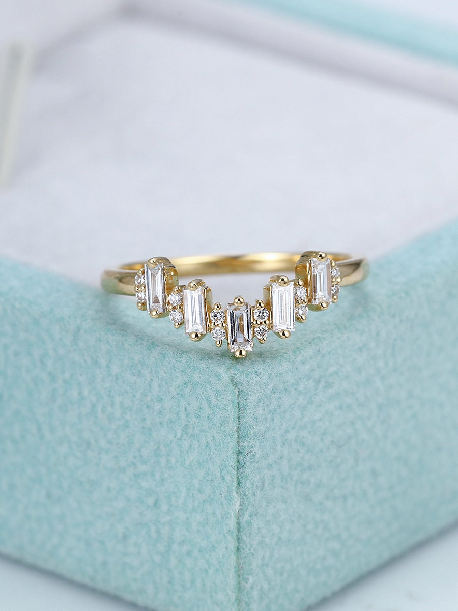 Curved Baguette Diamond Wedding Band Women Solid 14K Gold V Etsy