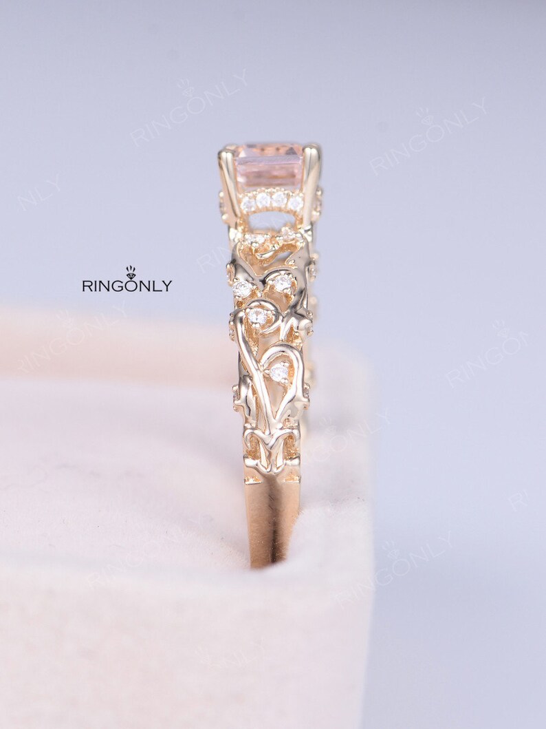 Morganite Engagement Ring Vintage Emerald Cut Art Deco Engagement ring Antique Cluster Diamond wedding women Delicate Promise anniversary image 5