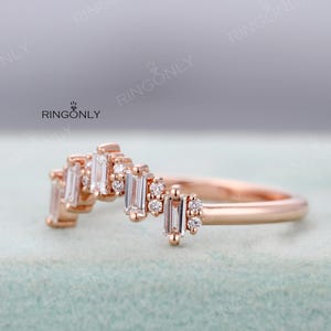 Art Deco Baguette Moissanite Wedding ring, Five Stones Chevron Matching band, Bridal Anniversary Gift image 12