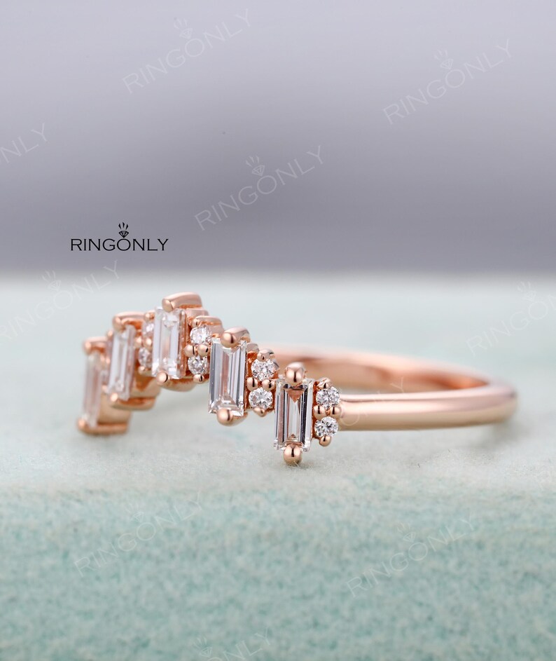 Art Deco Baguette Moissanite Wedding ring, Five Stones Chevron Matching band, Bridal Anniversary Gift image 12