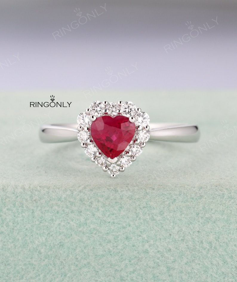 Heart Shaped Ruby Engagement Ring in White Goldhalo Diamond - Etsy