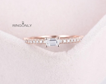 Baguette engagement ring rose gold Diamond engagement ring Vintage wedding women Half eternity bridal set Dainty Promise Anniversary gift