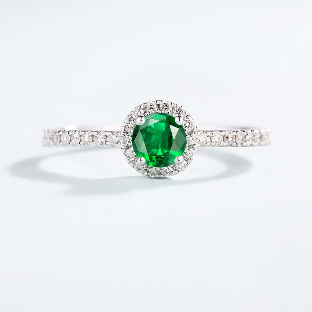 Emerald Engagement Ring Vintage Halo Set Diamond Wedding White - Etsy
