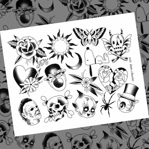 May include: A sheet of black and white tattoo flash art featuring various designs. Included are a rose, heart, sun, butterfly, skull with wings, Snoopy, and a spider. The artist's name and year are printed on the right side.