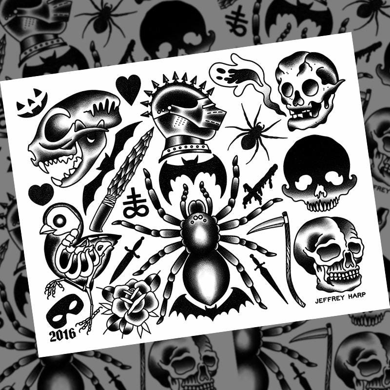 2016 Halloween Traditional Tattoo Flash Sheet 2 - Etsy