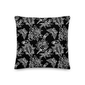May include: Black and white throw pillow with a repeating pattern of roses, daggers, butterflies, and birds.