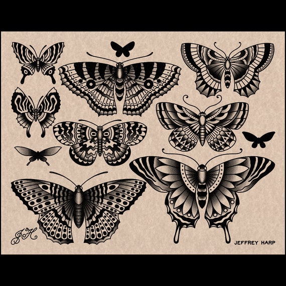 Papillon Ornemental Et Papillon De Nuit Tatouage Flash Etsy