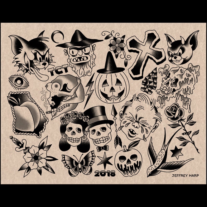 2018 Halloween Tattoo Flash Sheet One Etsy