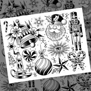 May include: Black and white illustration of various Christmas themed images including a candy cane, a bell, a nutcracker, a star, a candle, a candy cane, a snowflake, a Christmas ornament, a Santa Claus, and an eye.