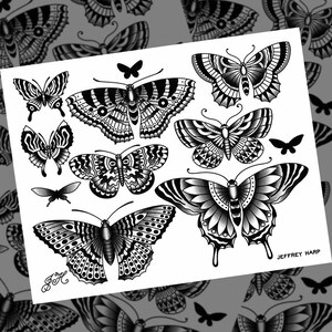 Ornamental Butterfly And Moth Traditional Tattoo Flash