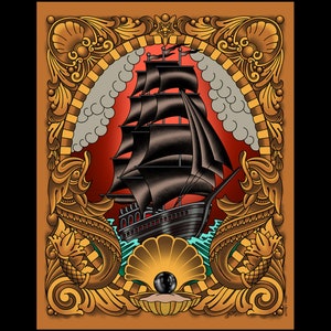 Black Pearl Pirate Clipper Ship Tattoo Flash Art Print