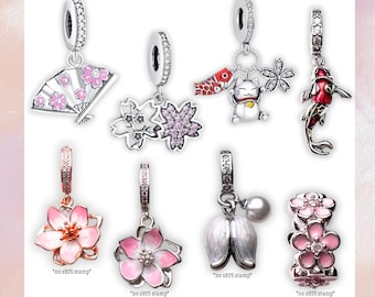 Adornos de flor de cerezo japonesa y pez koi / Plata de ley 925, compatible con pulseras Pandora, Día de la Madre