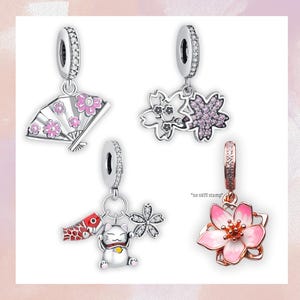 Japanese Cherry Blossom, Flower Fan, Lucky Cat Bracelet Charms | s925 Sterling Silver, Charm for Pandora Bracelet, Perfect Gift for Women