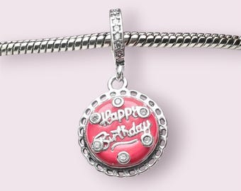 Charm de tarta de feliz cumpleaños / Plata de ley, compatible con pulseras Pandora, regalo para ella