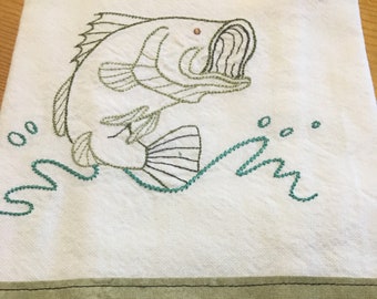 Gone Fishing embroidered kitchen tea towel, green & black