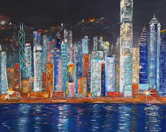 Hong Kong City Oil Painting Canvas Fine Art Original Woll Art Street Original Art Home Design Interior Great Gift Landskape Impressionism