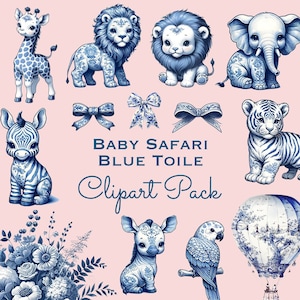 Clipart toile bleu bébé Safari, téléchargement immédiat, clipart toile de Jouy, aquarelle chinoiserie animaux de la jungle, baby shower, lion, éléphant
