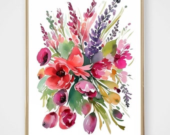 Floral watercolor art, Instant download art, Printable floral art, Botanical watercolor, Room art, Colorful floral print