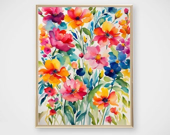 Stunning floral watercolor art, Instant download art, Printable floral art, Botanical watercolor, Room art, Colorful floral print