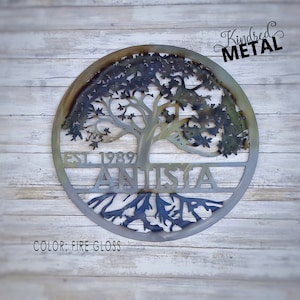 Custom Metal Sign initials sign custom metal hanging tree with roots gift for her home decor tree sign housewarming family name sign
