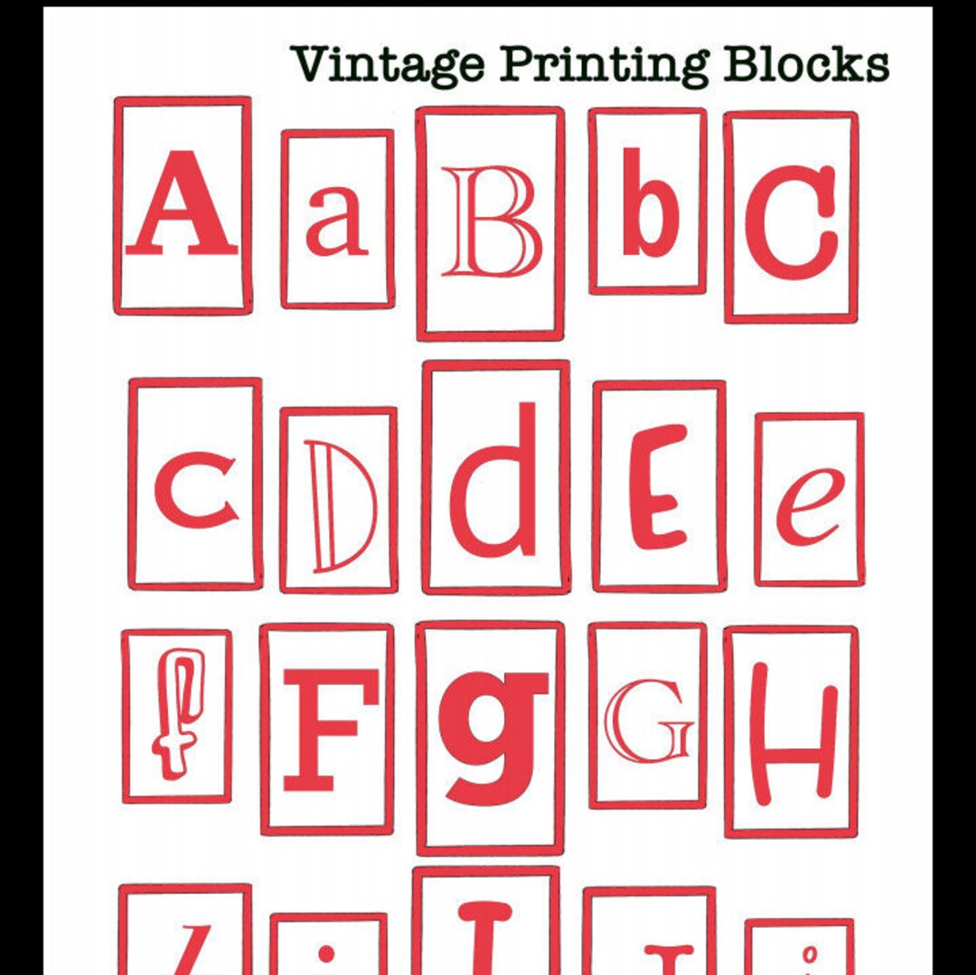 Red Vintage Printing Block Alphas & Numbers - Digital Printable - Etsy