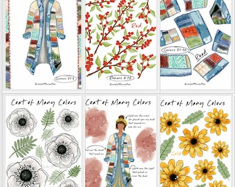 Puede incluir: Una ilustración digital de un abrigo de muchos colores con diferentes versículos bíblicos y colores. Los colores incluyen rojo, blanco, dorado y azul. Los versículos incluyen Génesis 37:3, Romanos 8:28, Génesis 37-50, Efesios 1:7 y Génesis 50:20.