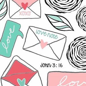 May include: A white background features a pattern of envelopes, hearts, leaves, and floral designs in shades of pink, teal, and black. The envelopes have text that reads "XOXO" and "love note". The text "John 3:16" is also present.