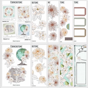 Pode incluir: Uma folha imprimível de planejador digital com um design floral e citações inspiradoras. A folha inclui um globo terrestre, uma parede de tijolos e uma variedade de flores. O texto na folha inclui "Cornerstone", "No matter where you go", "Hebreus 13:8", "Salmo 71:3", "Salmo 27:1", "Josué 1:9", "Efésios 2:19-22", e "Rock".