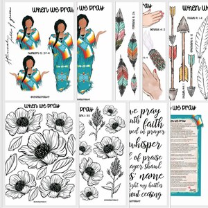 May include: A digital printable sheet with various images and text related to prayer. The images include a Native American woman in traditional clothing, feathers, arrows, flowers, and hands in prayer. The text includes Bible verses and phrases like "when we pray" and "we pray with faith".