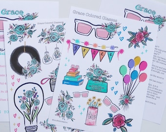 May include: A set of printable stickers with a Christian theme. The stickers feature illustrations of flowers, glasses, light bulbs, a typewriter, a coffee cup, and a wreath. The text "Grace" appears on the stickers, along with Bible verses.