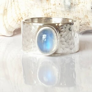 Recycled Sterling Silver moonstone Ring, Hammered effect, Thick Bold ring, 925 Silver Band, Adjustable size, eco friendly ring,handmade ring