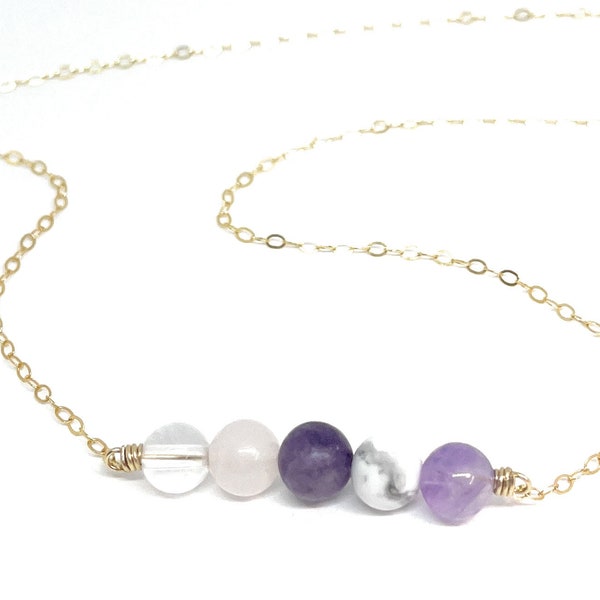 Stress & Anxiety Stone Necklace, Gold Filled, Lepidolite, Howlite, Rose Quartz, Quartz, Amethyst Necklace, Anxiety Stone