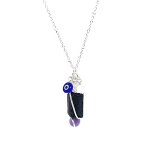 Black Tourmaline Pendant: Sterling Silver, Rose Quartz, Amethyst, Evil Eye