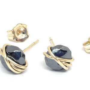 Faceted Hematite Stud Earrings: 14K Gold Filled Wire Wrapped